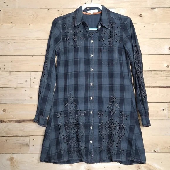 JOHNNY WAS 3J Workshop Top Tunic XS Green Plaid Long Sleeve Collared Eyelet - Picture 1 of 10